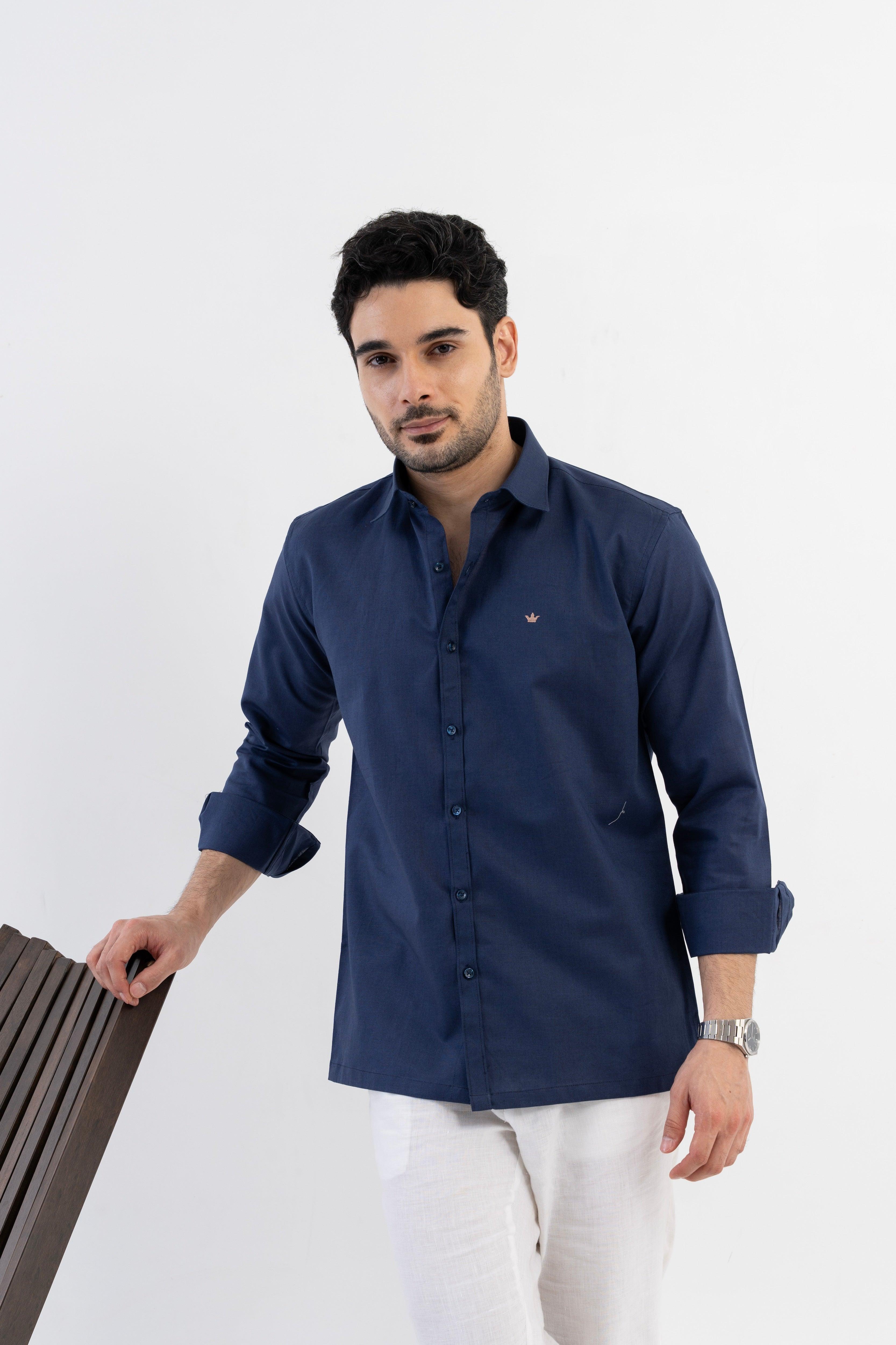 Conquest Navy Linen Blend Shirt