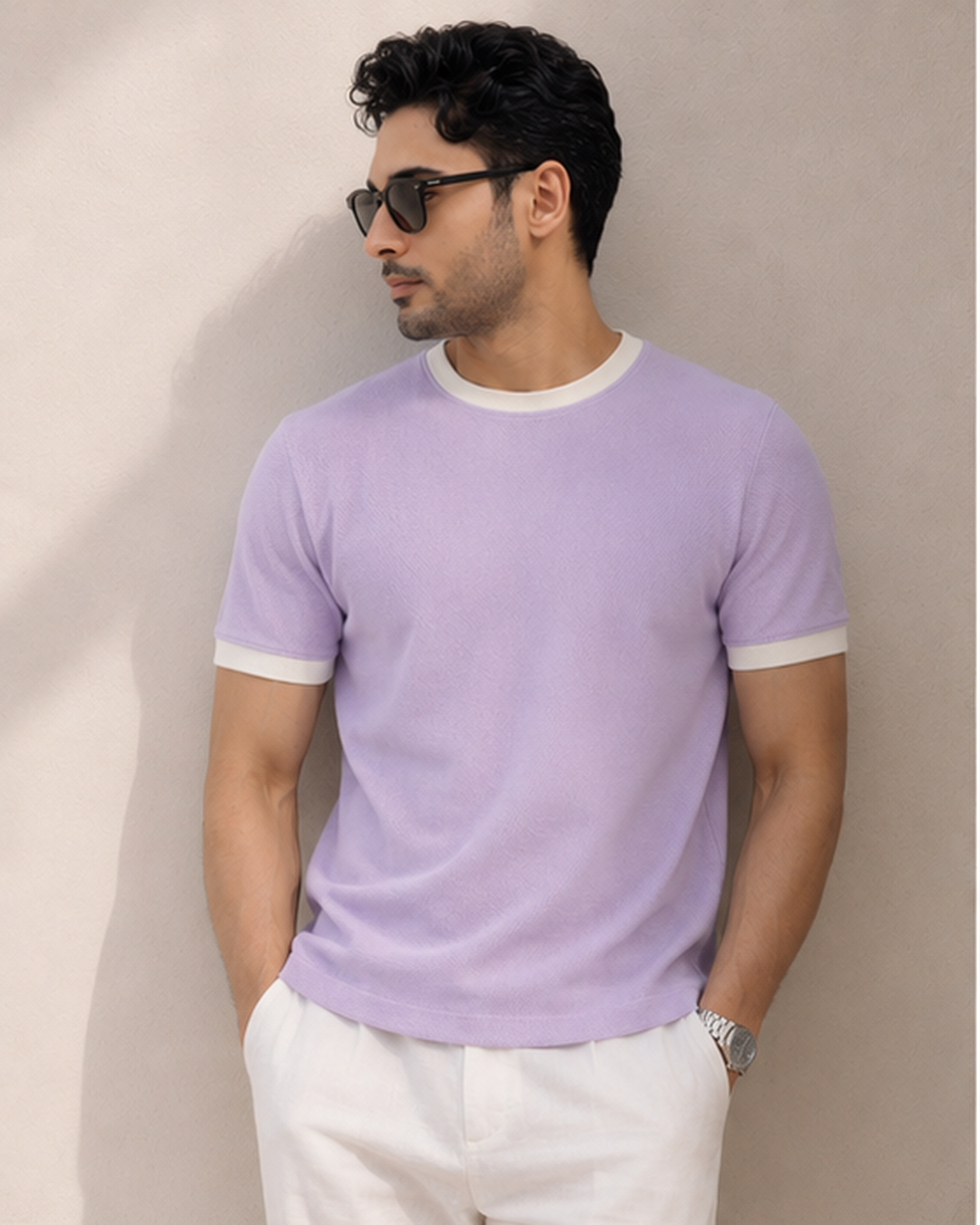 Textured Harmony Round Neck Tee In Lilac