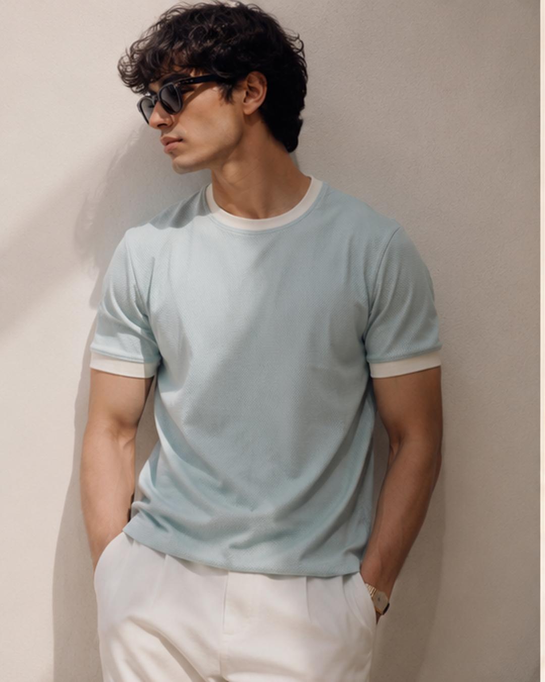 Textured Harmony Round Neck Tee In Baby Blue