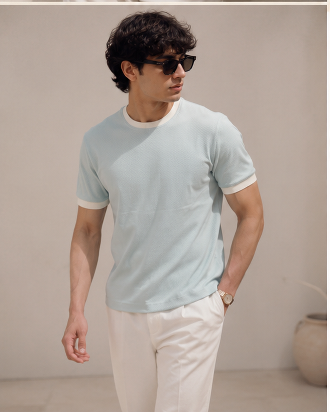 Textured Harmony Round Neck Tee In Baby Blue