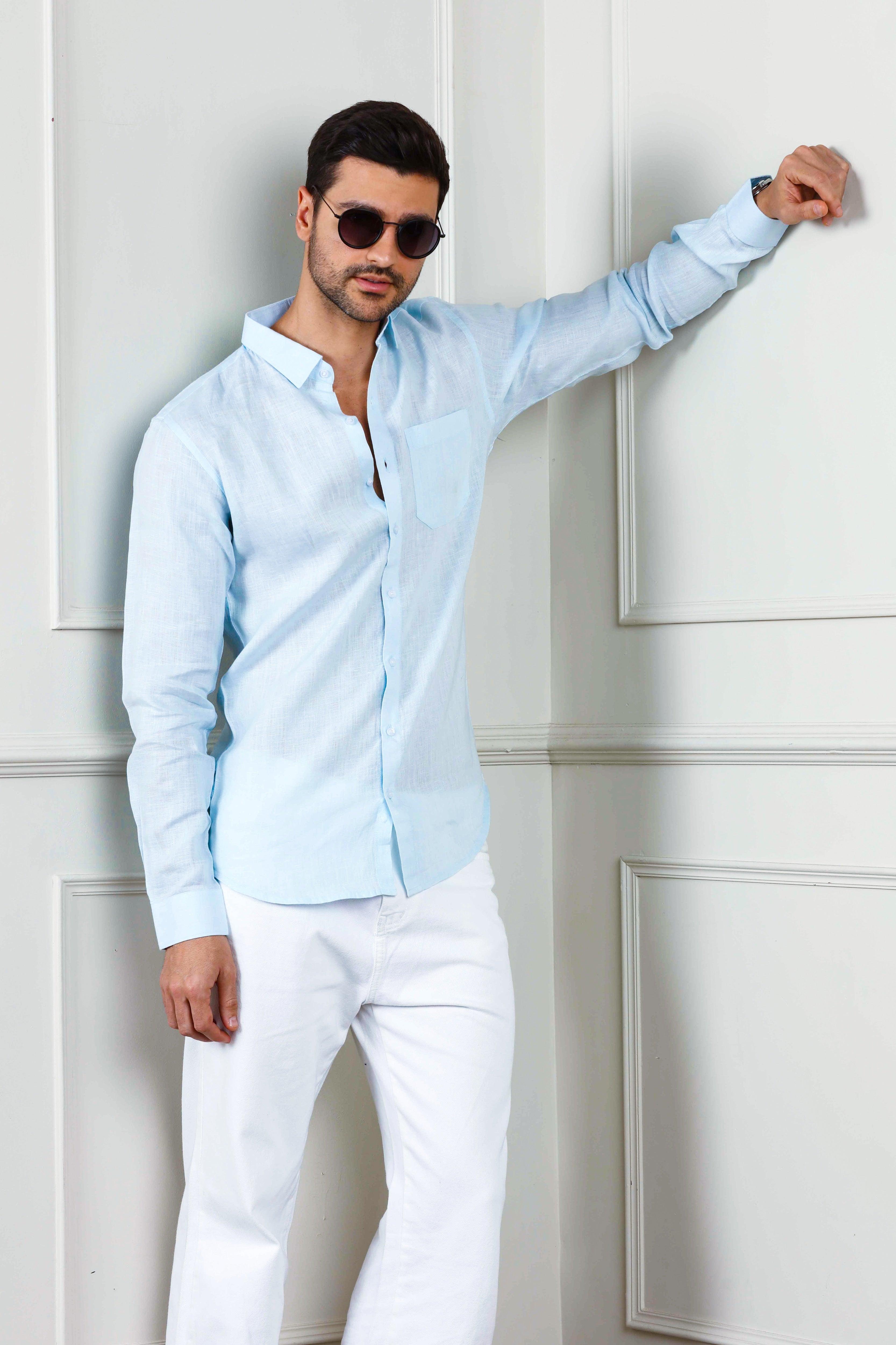 100% Linen Soft Touch Baby Blue Shirt