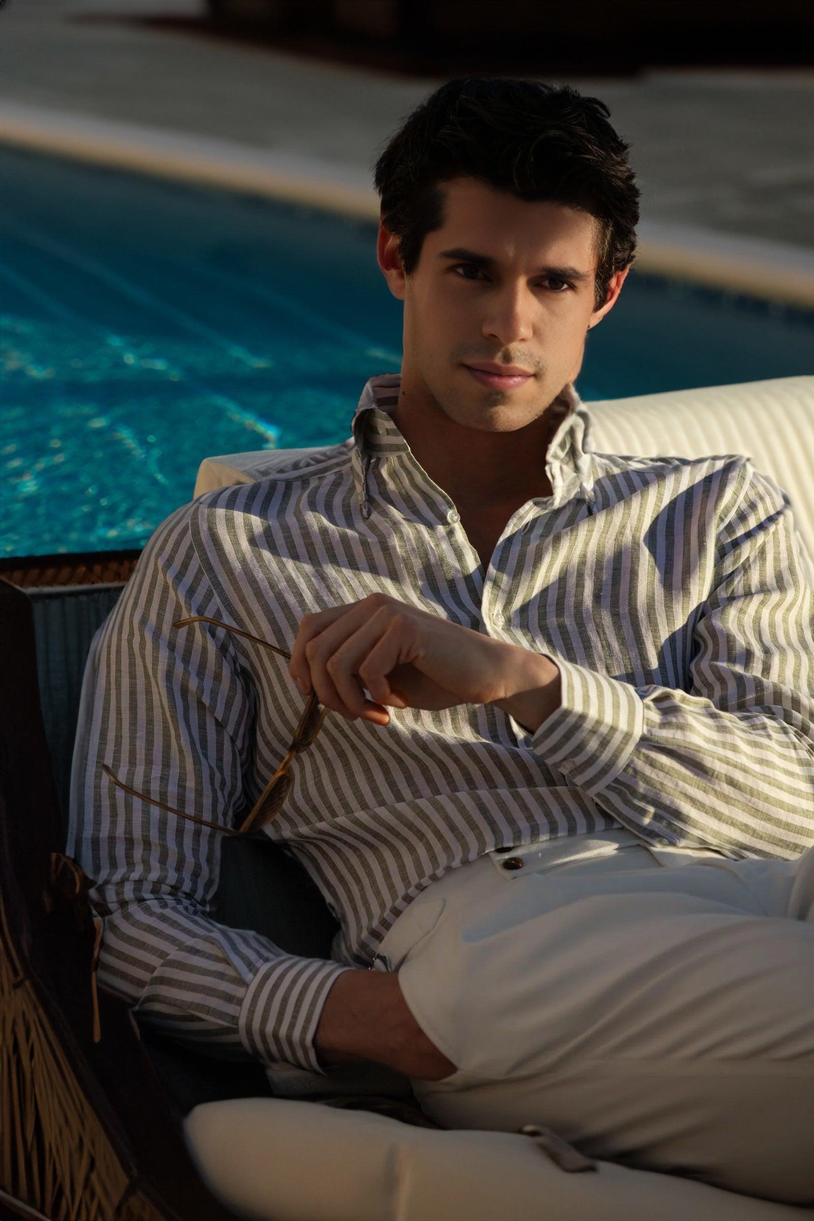 The Monaco Linen Striped Shirt in Sage Green