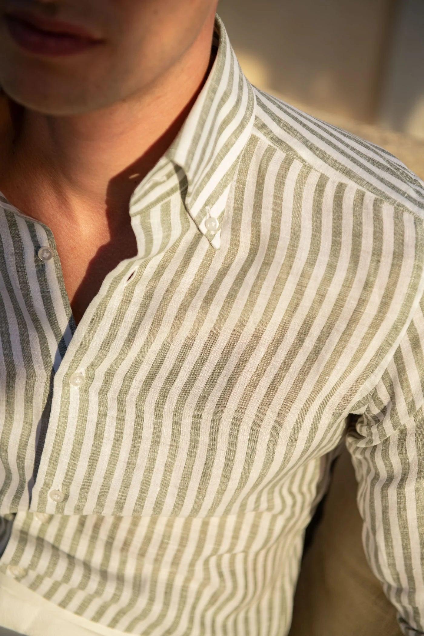 The Monaco Linen Striped Shirt in Sage Green