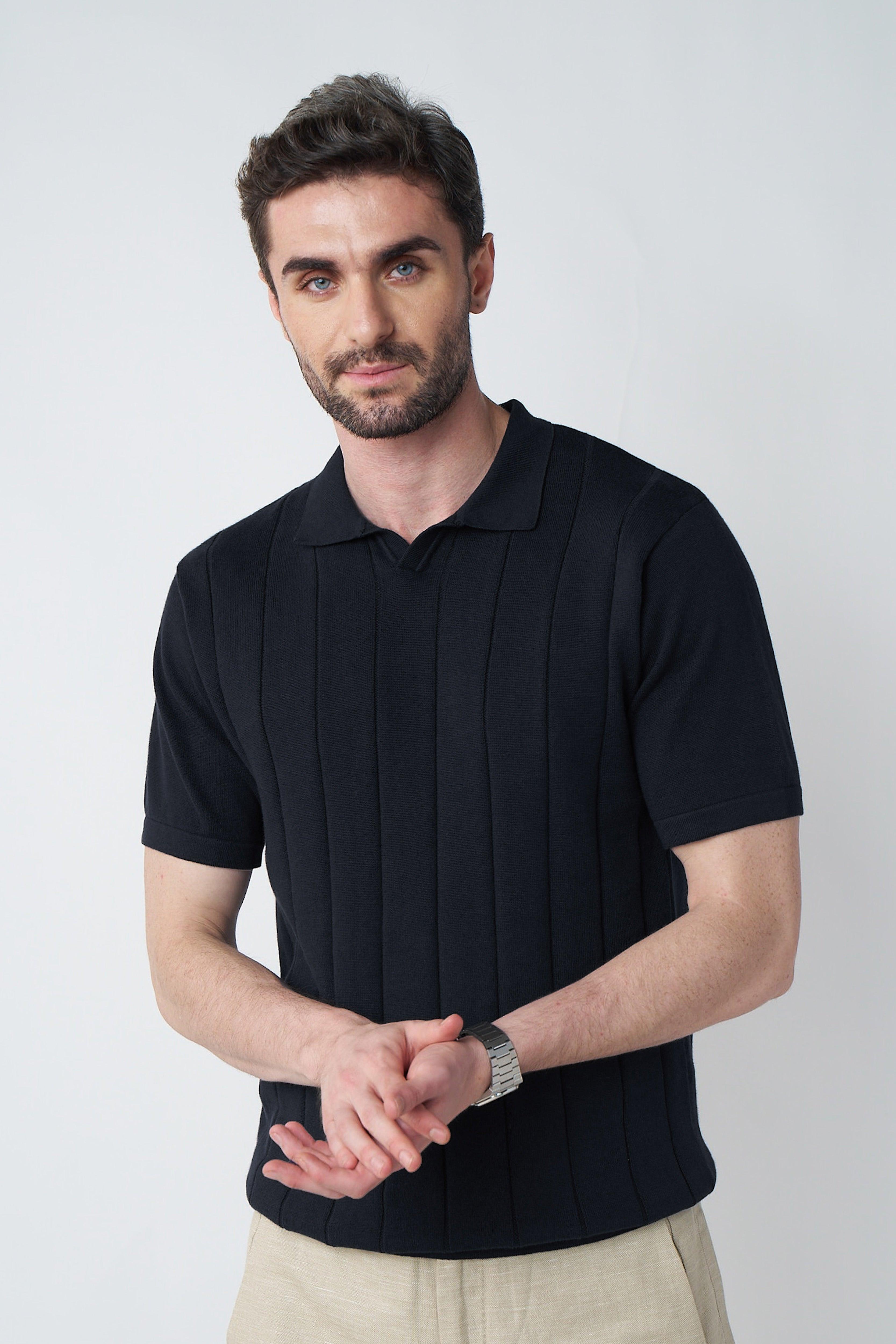 Johnny-Collar Knit Polo in Black