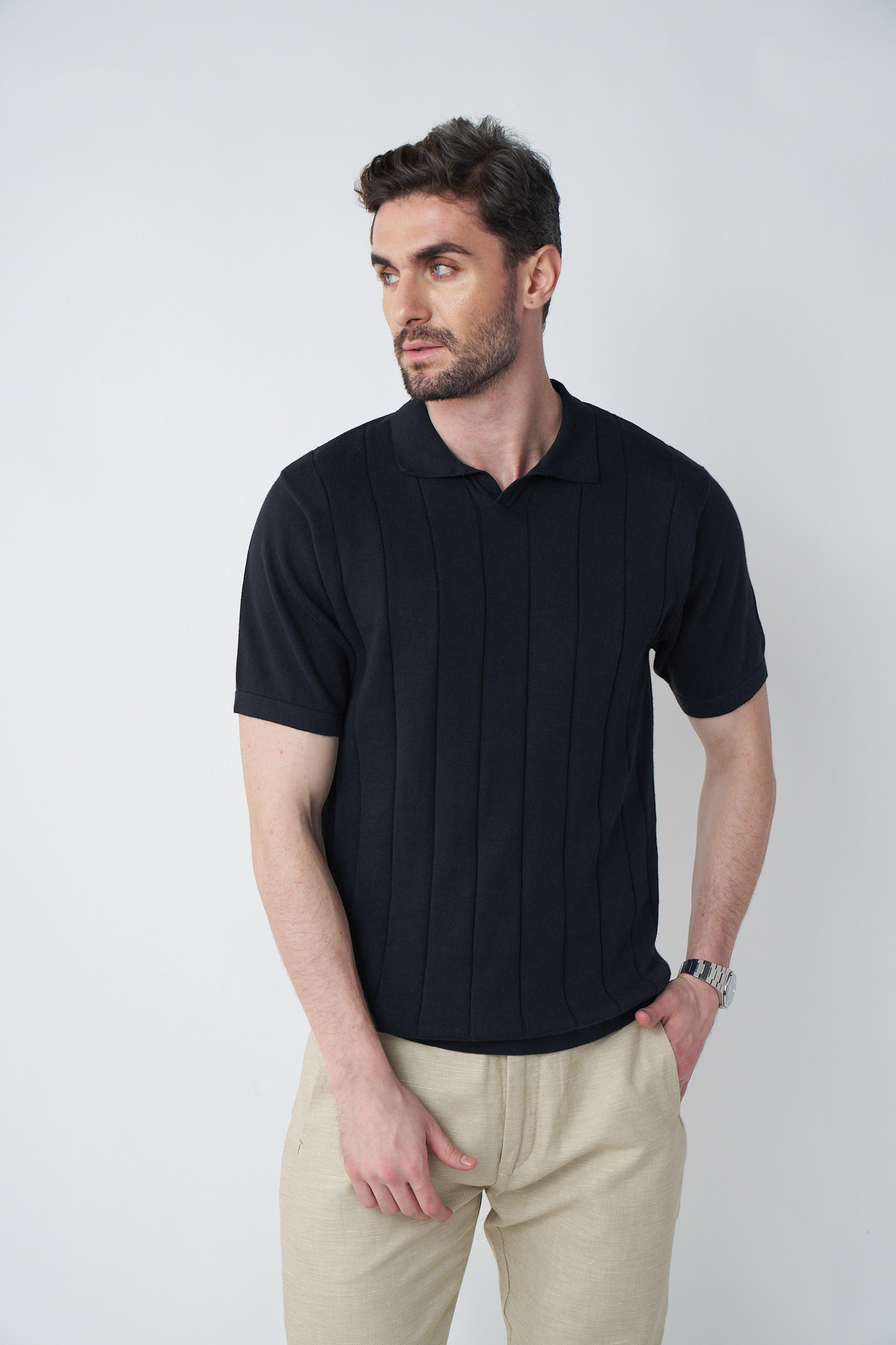 Johnny-Collar Knit Polo in Black