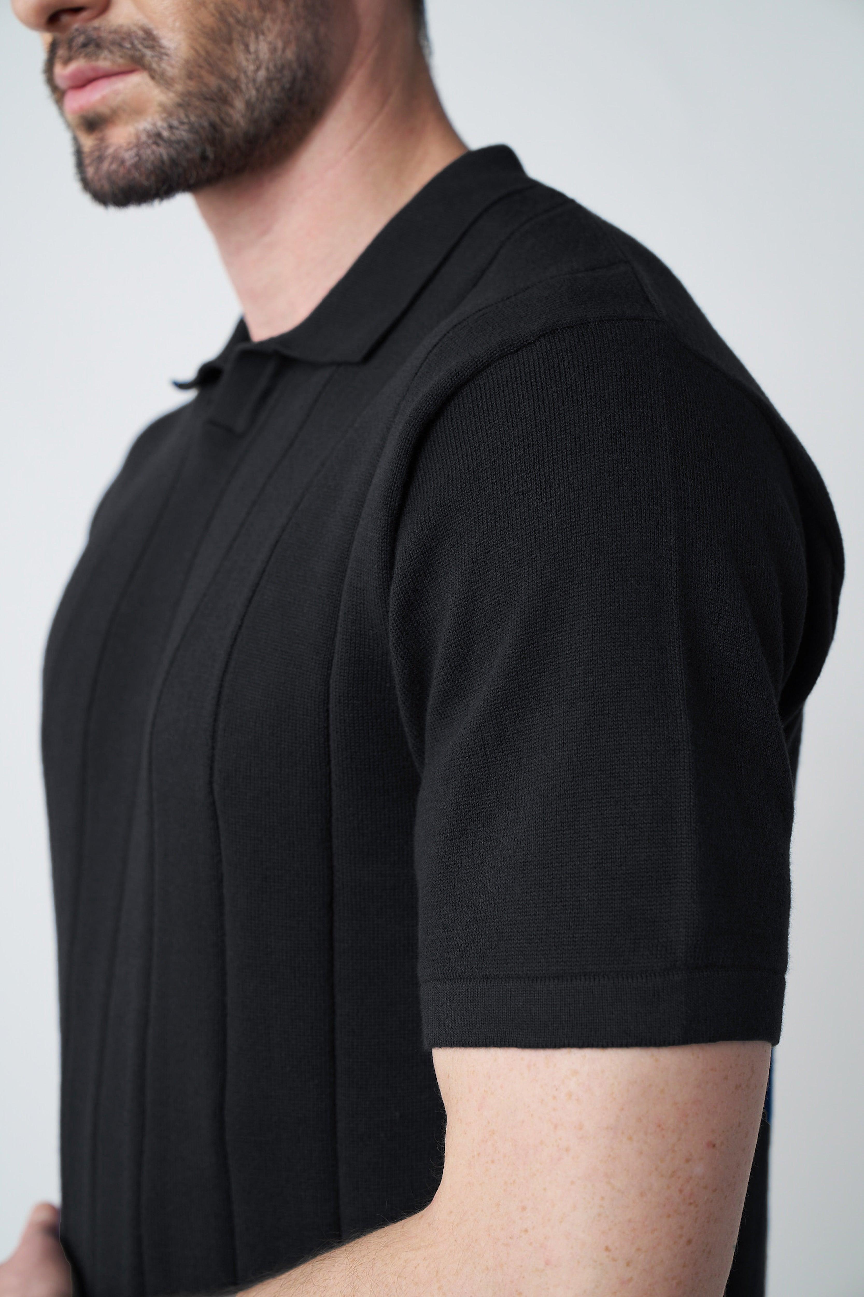 Johnny-Collar Knit Polo in Black