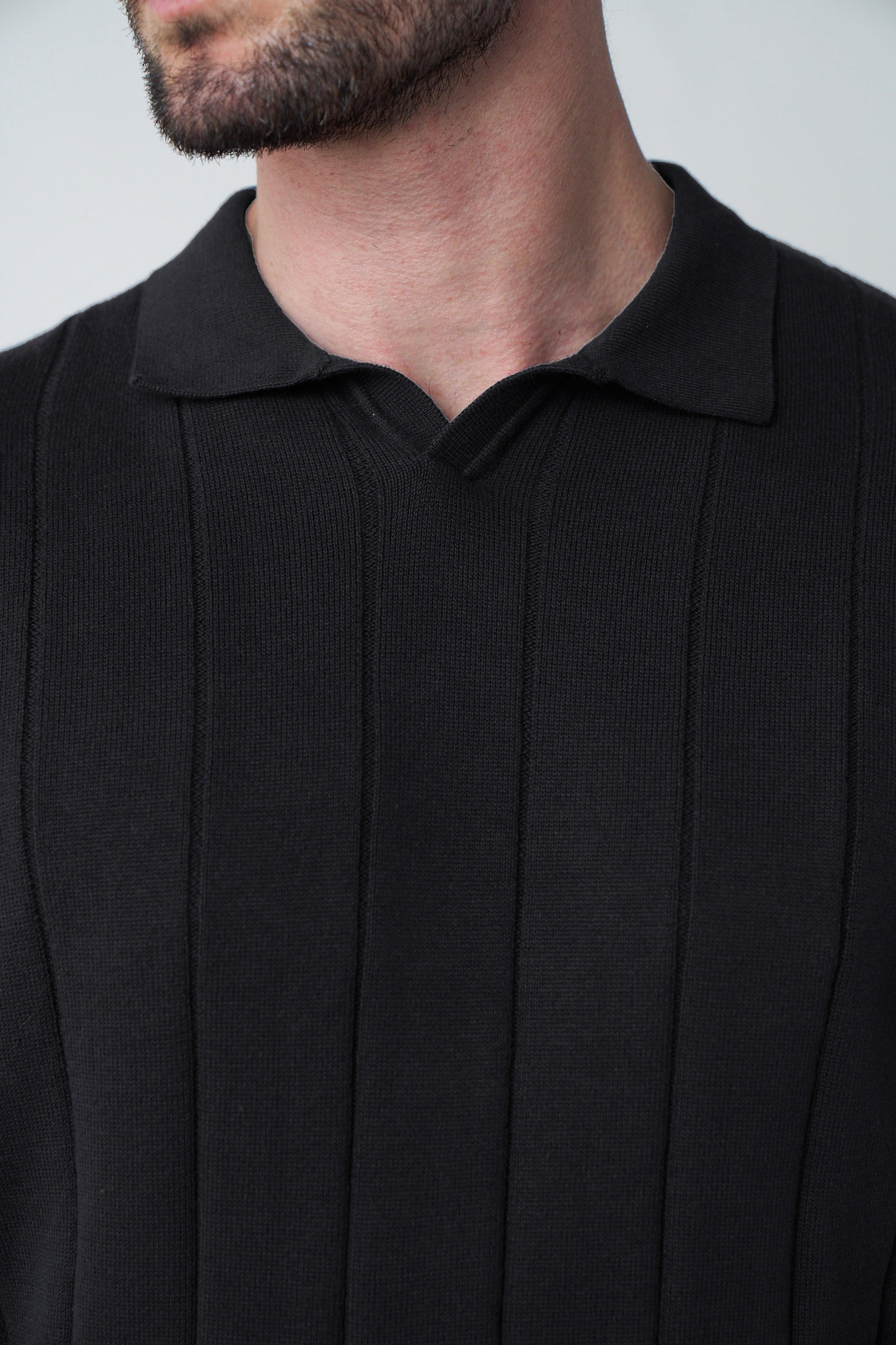 Johnny-Collar Knit Polo in Black