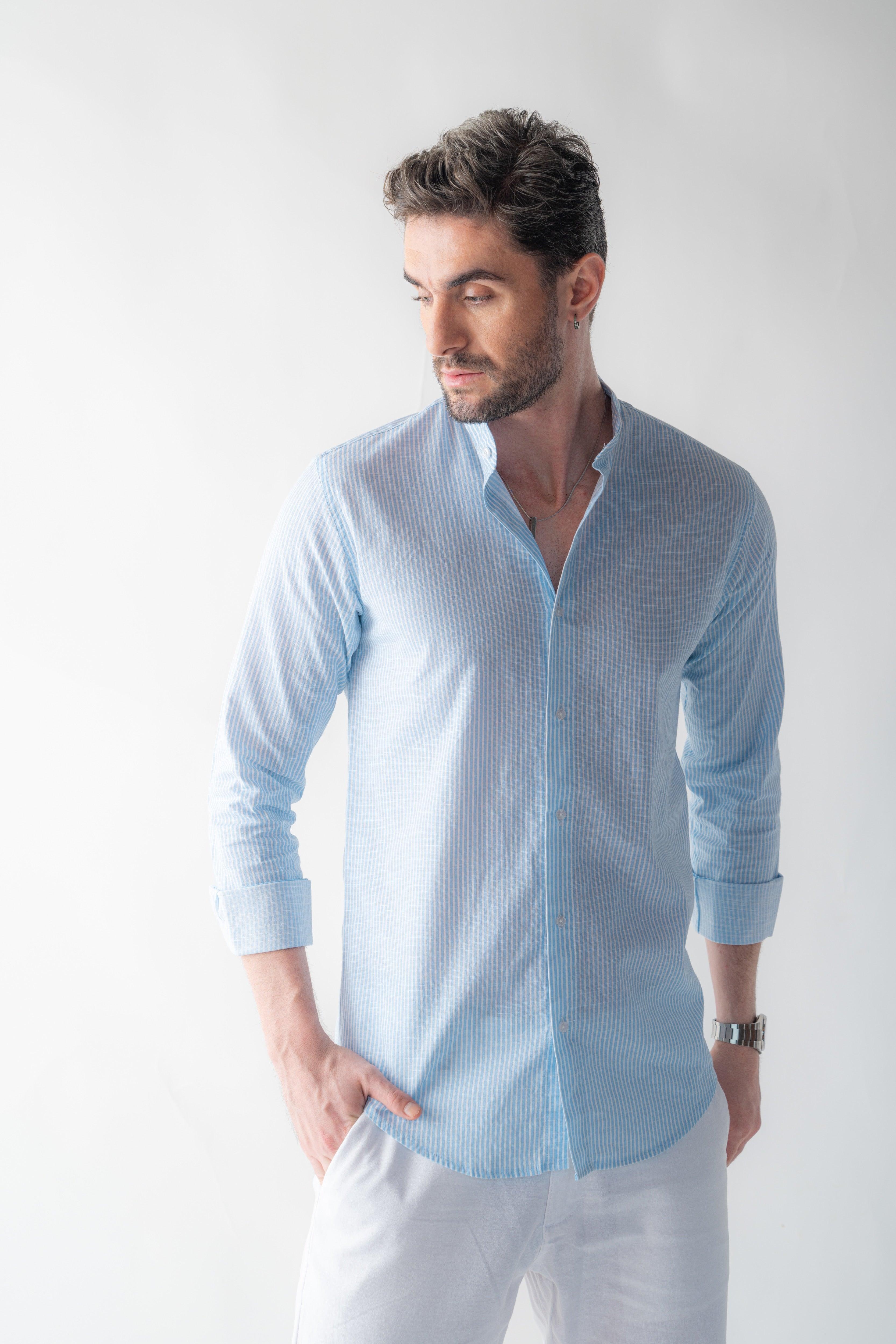 Pinstripe linen Amalfi Blue Shirt