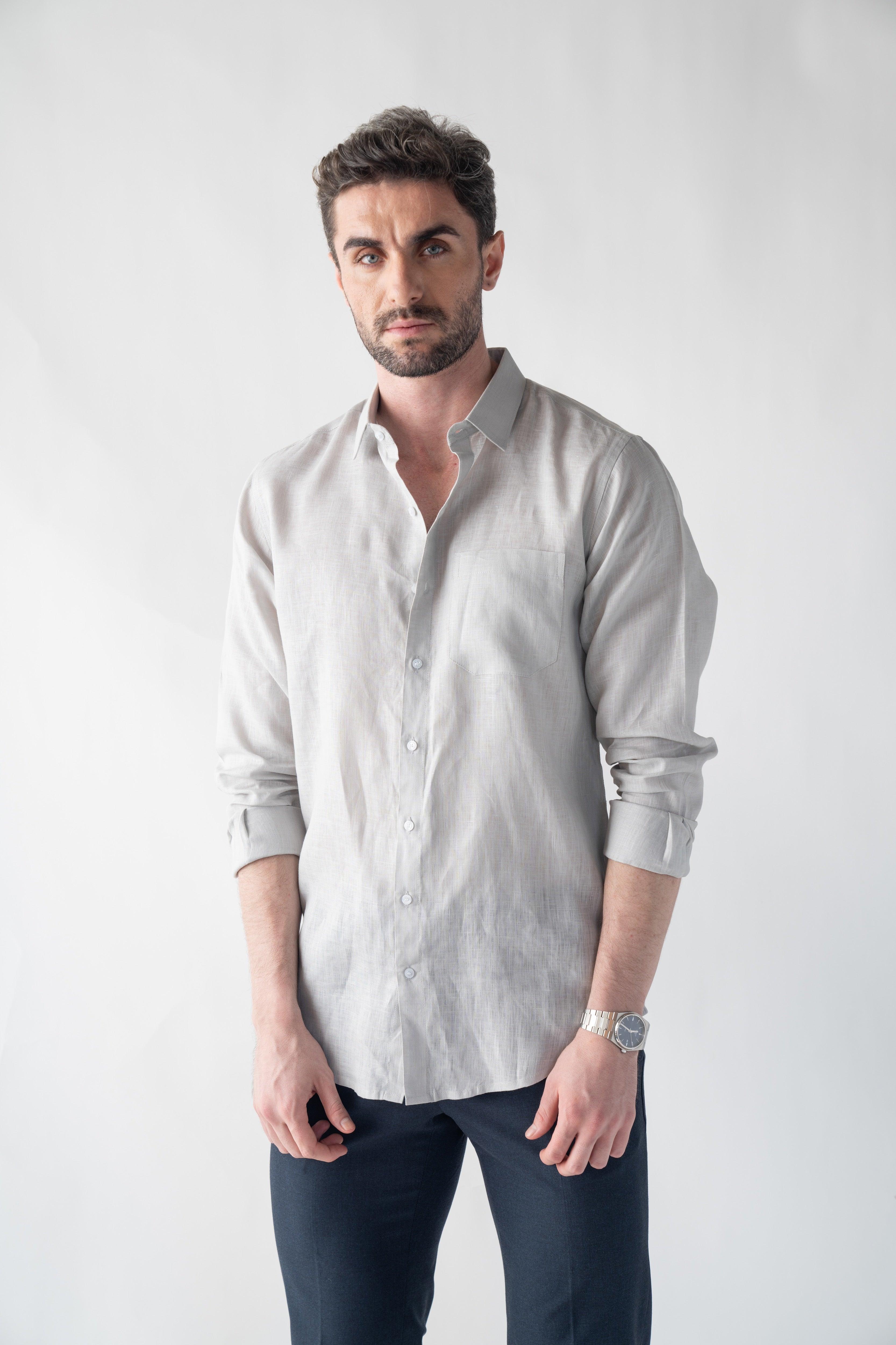 100% Linen Soft Touch Fog Grey Shirt