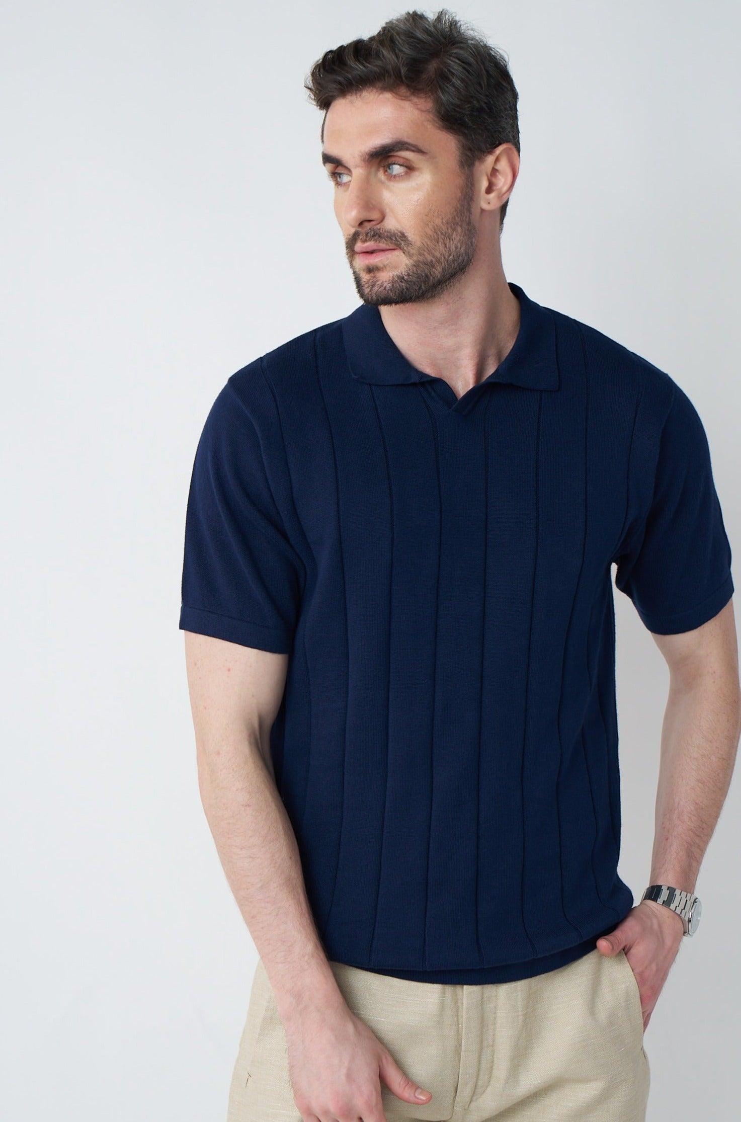 Johnny-Collar Knit Polo in Navy Blue