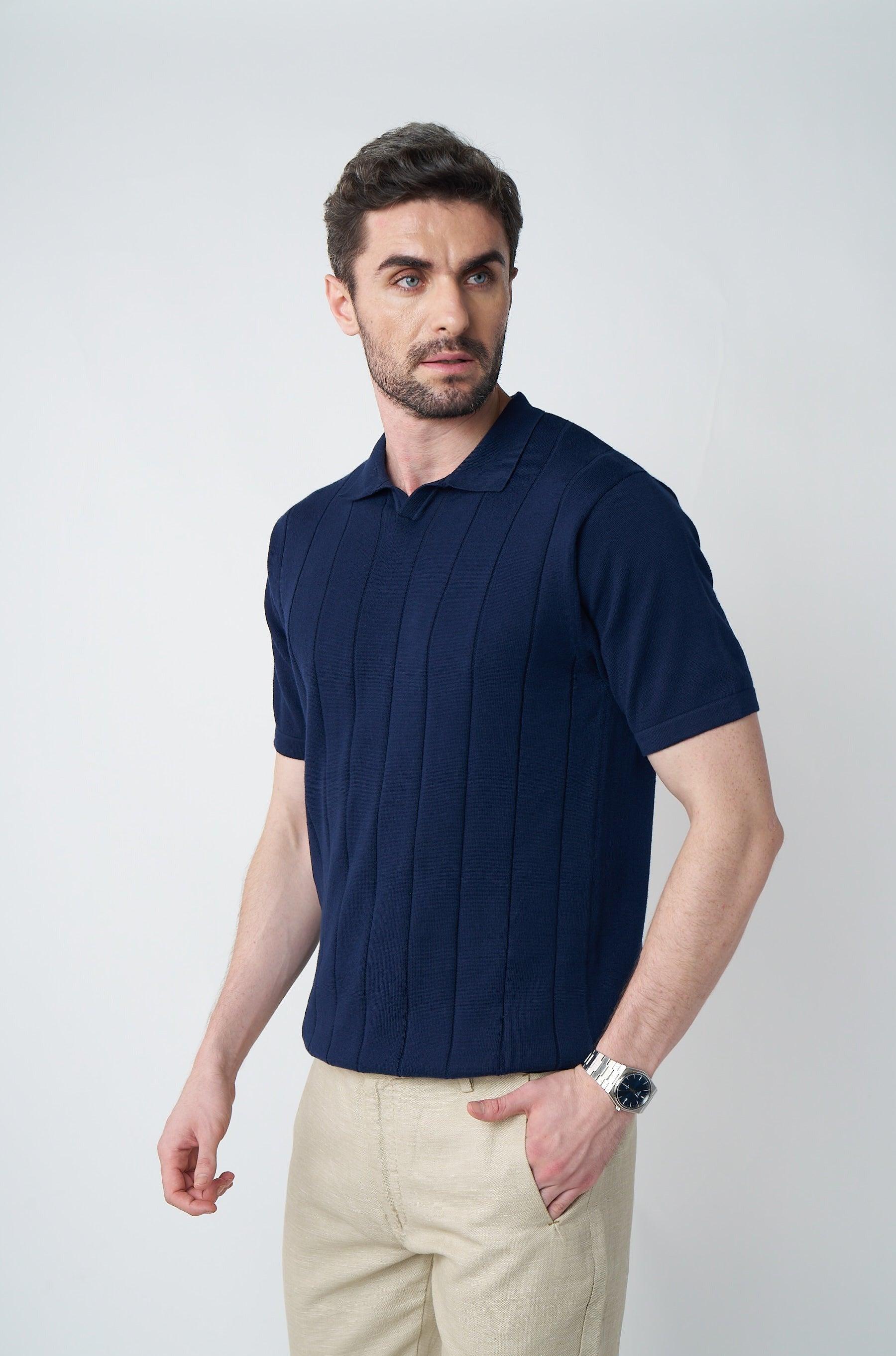 Johnny-Collar Knit Polo in Navy Blue