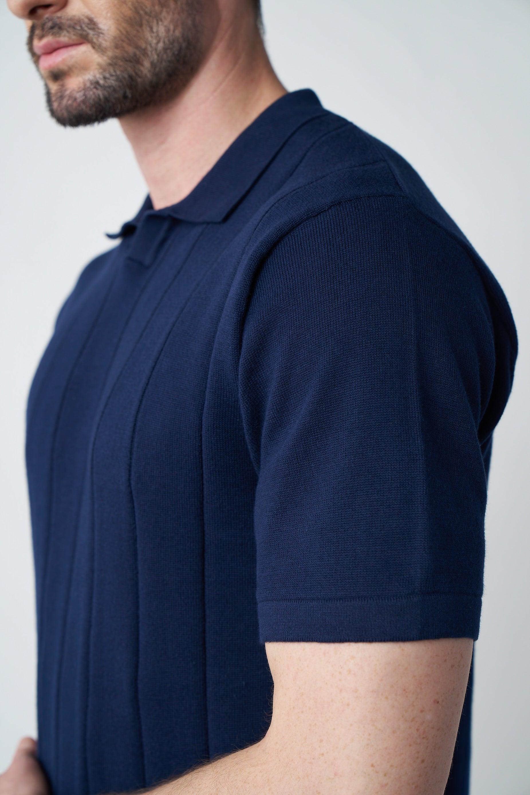 Johnny-Collar Knit Polo in Navy Blue