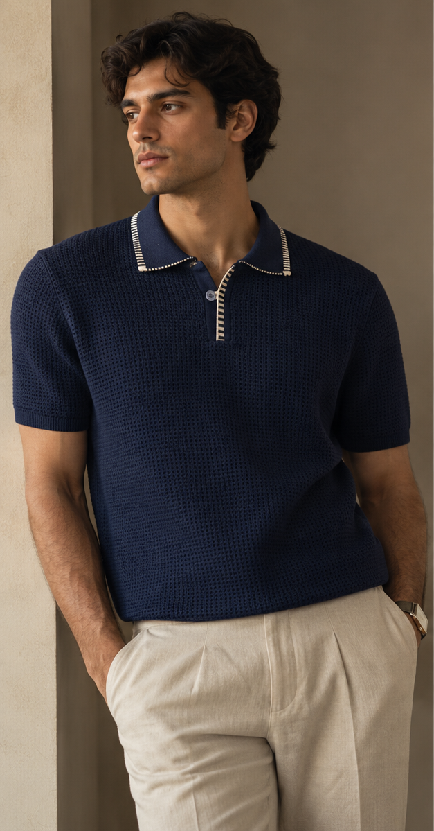 Monaco Club Navy Open-Knit Polo